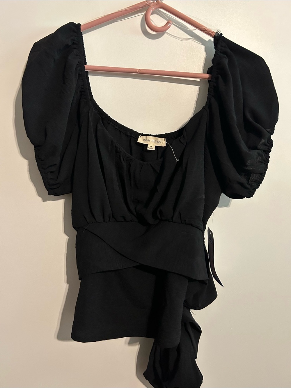 Puff Sleeve Black Wrap-Style Blouse